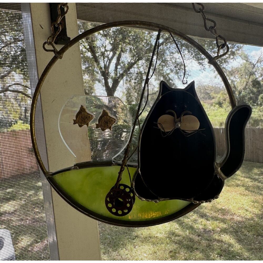 Primitive Black Cat Sun Catcher Stained Glass Window Fish Bowl Handmade 6 INCH - Picture 14 of 14